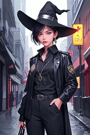 full shot of a woman wearing a police uniform, black suit shirt, black magic cloak, black short hair, big witch hat, pants, clear skin, skinny, slim body, long earrings, angry, mole in the cheek, model pose, magic city street in the night, fantasy background, realist background,