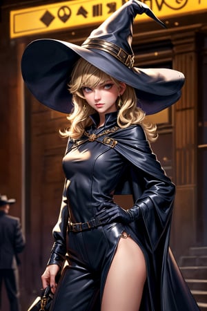 cowboy shot of a woman wearing a police uniform, blond hair, black suit shirt, black magic cloak, big witch hat, pants, clear skin, skinny, slim body, long earrings, model pose, in a magic city street, in the night, fantasy background, realist background, Realism,Portrait, taylor swift,