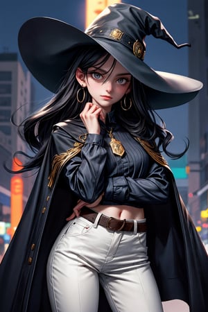 cowboy shot of a woman wearing a police uniform, shirt, black magic cloak, big forehead, dark black long hair, very straight hair divided in half, straight hairstyle cut, big witch hat, pants, clear skin, skinny, slim body, long earrings, mole in the cheek, model pose, magic city street in the night, fantasy background, realist background, Realism,Portrait,