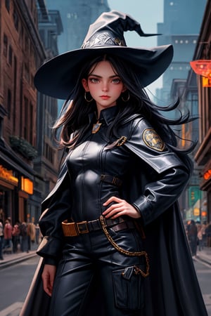 cowboy shot of a woman wearing a police uniform, shirt, black magic cloak, big forehead, dark black long hair, very straight hair divided in half, straight hairstyle cut, big witch hat, pants, clear skin, skinny, slim body, long earrings, mole in the cheek, model pose, magic city street in the night, fantasy background, realist background, Realism,Portrait,