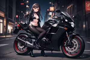 (masterpiece), Full body shot, Cute young woman in Japan (glamorous shape, shoulder length brown hair), wearing leather clothes (leather black riding jacket, Glossy satin black bikini under riding jacket, Leather Black Riding Gloves, Leather Black Pants, Leather Black High Heel Long Boots), photo of the whole motorcycle (Ride an old traditional shiny metallic silver motorcycle at the wharf), the woman is staring at night view over the sea, absolutely pretty face, Double eyelids, Natural makeup, long eyelashes, Glossy lips, 8K resolution, high details, detailed hairstyle, Detailed face, Black eyes, elegent, epicd, Cinematic lighting, Octane Rendering, Vibrant, Hyper realistic, Fair skin, Perfect limbs, Perfect Anatomy