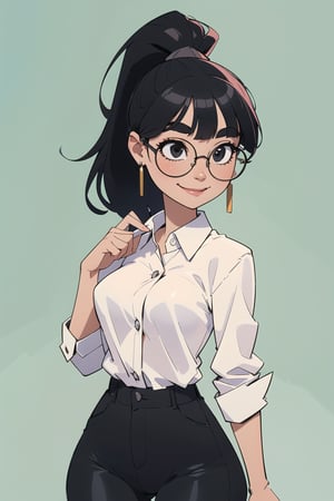 masterpiece, best quality, 1girl, standing in an office, solo, (black hair, ponytail, round glasses), ((fringe)), big eyebrows, happy smile, closed mouth, (white button shirt, black pants, big earrings, flat chest, SAM YANG, office background, office settings, 