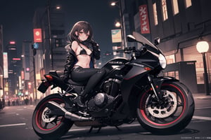 (masterpiece), Full body shot, Cute young woman in Japan (glamorous shape, shoulder length brown hair), wearing leather clothes (leather black riding jacket, Glossy satin black bikini under riding jacket, Leather Black Riding Gloves, Leather Black Pants, Leather Black High Heel Long Boots), photo of the whole motorcycle (Ride an old traditional shiny metallic silver motorcycle at the wharf), the woman is staring at night view over the sea, absolutely pretty face, Double eyelids, Natural makeup, long eyelashes, Glossy lips, 8K resolution, high details, detailed hairstyle, Detailed face, Black eyes, elegent, epicd, Cinematic lighting, Octane Rendering, Vibrant, Hyper realistic, Fair skin, Perfect limbs, Perfect Anatomy