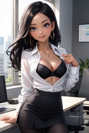cowboy shot of 1girl, adult female, dark black hair (straight hair, long hair, hair divided in half), dark skin (dark indian skin, dark brown skin), (best quality), brown eyes,
Wearing a office suit, (grey business jacket, white button-up shirt (cleavage, open shirt, black bra under the shirt), grey office skirt (raising the skirt, visible black panties), sexy black high tights), big golden earrings, gold necklace

at office, confident businesswoman, office setting, at office, working, office setting, slight smile, confident expression, girl by herself, girl alone at work, 