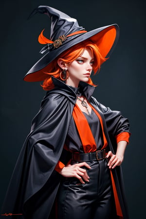 cowboy shot of a woman wearing a police uniform, orange hair, black suit shirt, black magic cloak, big witch hat, pants, clear skin, skinny, slim body, long earrings, model pose, magic city street in the night, fantasy background, realist background, Realism,Portrait, ,sks woman