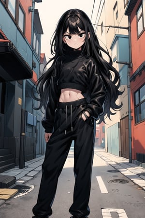 1 girl (25 years old), dark black hair (curly hair, long hair), (best quality), (black eyes), thin body, slim body, serious face, 
leather jacket, black top, black baggy joggers (wool joggers, baggy pants) , black leather boots,
Standing in the street,niji