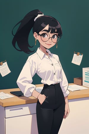 masterpiece, best quality, 1girl, standing in an office, solo, (black hair, ponytail, round glasses), ((fringe)), big eyebrows, happy smile, closed mouth, (white button shirt, black pants, big earrings, flat chest, SAM YANG, office background, office settings, 