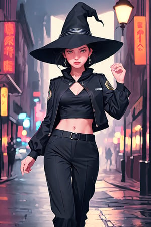 full shot of a woman wearing a police uniform, black suit shirt, black magic cloak, black short hair, big witch hat, pants, clear skin, skinny, slim body, long earrings, angry, mole in the cheek, model pose, magic city street in the night, fantasy background, realist background,