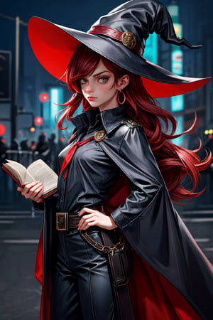 cowboy shot of a woman wearing a police uniform, black suit shirt, black magic cloak, red hair, big witch hat, pants, clear skin, skinny, slim body, with a book in the belt, long earrings, angry, mole in the cheek, model pose, magic city street in the night, fantasy background, realist background, Realism,Portrait,