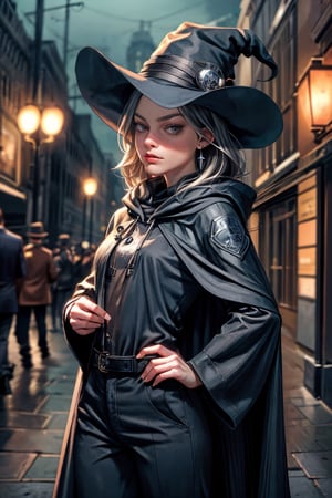 cowboy shot of a woman wearing a police uniform, black suit shirt, black magic cloak, big witch hat, pants, clear skin, skinny, slim body, long earrings, angry, mole in the cheek, magic city street in the night, fantasy background, realist background, Realism,Portrait, melissabenoist-smf,m4rg0t