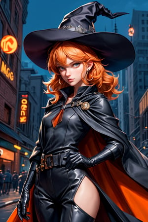 cowboy shot of a woman wearing a police uniform, orange hair, black suit shirt, black magic cloak, big witch hat, pants, clear skin, skinny, slim body, long earrings, model pose, in a magic city street, in the night, fantasy background, realist background, Realism,Portrait, taylor swift,