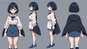 character sheet, 1girl, multiple poses and expressions, dark blue short hair, police uniform, black magic cloak, 100% white background,White, solo,Show the full body of the girl, standing, BiophyllTech,LOFI, five fingers,Lofi,Girl,Style,better_hands,Airani,Lofi Them,Lofi Girl,shine eyes01,chara-sheet