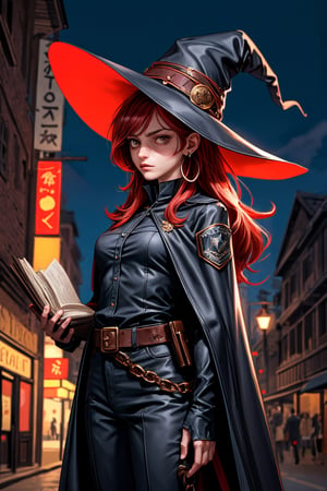cowboy shot of a woman wearing a police uniform, suit shirt, black magic cloak, red hair, big witch hat, pants, clear skin, skinny, slim body, with a book in the belt, long earrings, angry, mole in the cheek, model pose, magic city street in the night, fantasy background, realist background, Realism,Portrait,