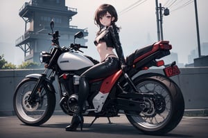 (masterpiece), Full body shot, Cute young woman in Japan (glamorous shape, shoulder length brown hair), wearing leather clothes (leather black riding jacket, Glossy satin black bikini under riding jacket, Leather Black Riding Gloves, Leather Black Pants, Leather Black High Heel Long Boots), photo of the whole motorcycle (Ride an old traditional shiny metallic silver motorcycle at the wharf), the woman is staring at night view over the sea, absolutely pretty face, Double eyelids, Natural makeup, long eyelashes, Glossy lips, 8K resolution, high details, detailed hairstyle, Detailed face, Black eyes, elegent, epicd, Cinematic lighting, Octane Rendering, Vibrant, Hyper realistic, Fair skin, Perfect limbs, Perfect Anatomy