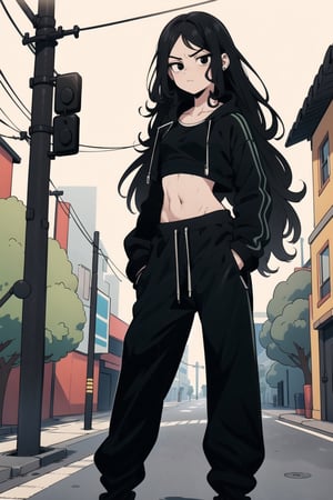 1 girl (25 years old), dark black hair (curly hair, long hair), (best quality), (black eyes), thin body, slim body, serious face, 
leather jacket, black top, black baggy joggers (wool joggers, baggy pants) , black leather boots,
Standing in the street,niji