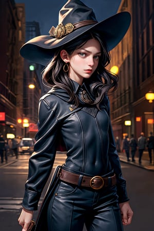 cowboy shot of a woman wearing a police uniform, black suit shirt, black magic cloak, black hair, big witch hat, pants, clear skin, skinny, slim body, with a book in the belt, long earrings, angry, mole in the cheek, magic city street in the night, fantasy background, realist background, Realism,Portrait, melissabenoist-smf