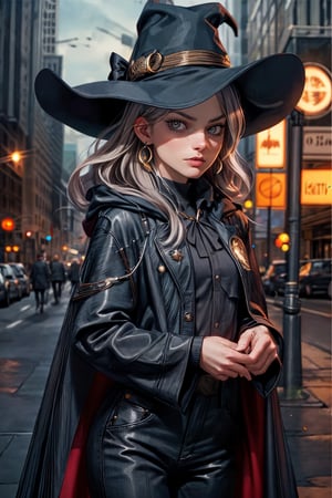 cowboy shot of a woman wearing a police uniform, black suit shirt, black magic cloak, big witch hat, pants, clear skin, skinny, slim body, long earrings, angry, magic city street in the night, fantasy background, realist background, Realism,Portrait, melissabenoist-smf,m4rg0t