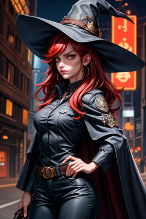 cowboy shot of a woman wearing a police uniform, shirt, black magic cloak, red hair, big witch hat, pants, clear skin, skinny, slim body, long earrings, angry, mole in the cheek, model pose, magic city street in the night, fantasy background, realist background, Realism,Portrait,