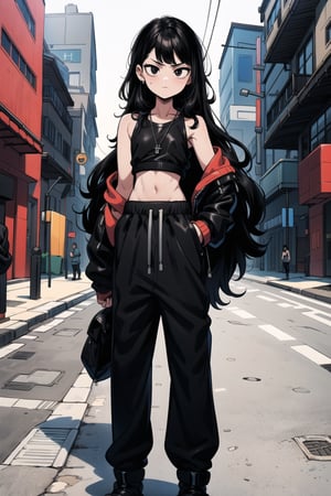 1 girl (25 years old), dark black hair (curly hair, long hair), (best quality), (black eyes), thin body, slim body, serious face, 
leather jacket, black top, black baggy joggers (wool joggers, baggy pants) , black leather high top boots ,
Standing in the street,niji