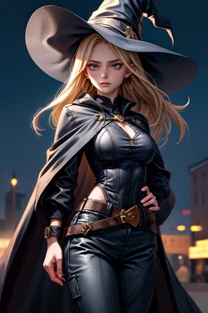 cowboy shot of a woman wearing a police uniform, shirt, black magic cloak, big forehead, blond long hair, very straight hair divided in half, straight hairstyle cut, big witch hat, pants, clear skin, skinny, slim body, long earrings, angry, mole in the cheek, model pose, magic city street in the night, fantasy background, realist background, Realism,Portrait,