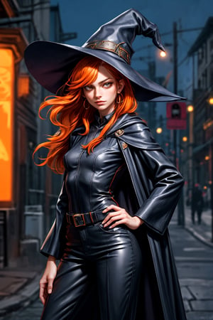cowboy shot of a woman wearing a police uniform, orange hair, black suit shirt, black magic cloak, big witch hat, pants, clear skin, skinny, slim body, long earrings, model pose, in a magic city street, in the night, fantasy background, realist background, Realism,Portrait, ,sks woman