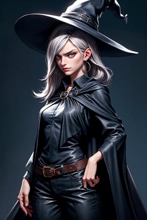 cowboy shot of a woman wearing a police uniform, black suit shirt, black magic cloak, big witch hat, pants, clear skin, skinny, slim body, long earrings, model pose, angry, magic city street in the night, fantasy background, realist background, Realism,Portrait, ,sks woman
