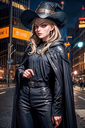 cowboy shot of a woman wearing a police uniform, black suit shirt, black magic cloak, big witch hat, pants, clear skin, skinny, slim body, long earrings, model pose, angry, magic city street in the night, fantasy background, realist background, Realism,Portrait, melissabenoist-smf,m4rg0t