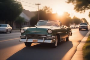 /imagine prompt: Image of a classic convertible car cruising down the street, retro, stylish, vintage, glamourous, powerful, telephoto lens, sunset, automotive photography, color film., Lens Flare, Sony Alpha 7R IV, Ground Level, Nikon AF-S 70-200mm --ar 16:9 --repeat 40 --chaos 100 --s 950 --q 5 --stop 100