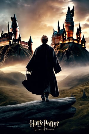 Harry Potter, Hermione Granger, Ron Weasley, in the center of the image, Albus Dumbledore, on the left side, Lord Voldemort on the right side, in the background Hogwarts Castle, on a sunset