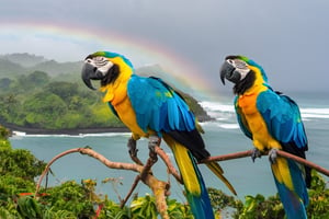 An image based on the reference photo, including macaws and toucans, the Venezuelan flag in the foreground with waves, the background with a slight blur and faint fog
