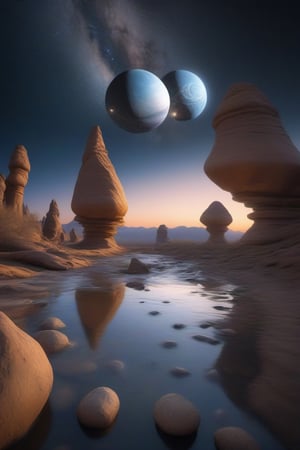 Award-winning fantasy photograph of an epic surreal landscape with flowing liquid metal rivers, towering crystalline structures, and levitating boulders, a congregation of ethereal beings communicating telepathically, in the twilight of a binary star system casting eerie shadows, and showcasing the captivating beauty of the alien world. Captured using a Canon EOS R5 with a 16-35mm f/2.8 lens at f/5.6, ISO 200, and a graduated ND filter, this visually striking image highlights the perfect balance of composition and post-processing techniques,Extremely Realistic