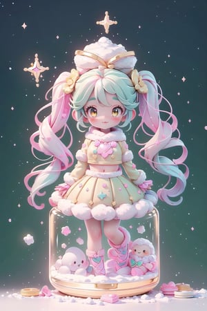 ((girl, rainbow, gold hair, Crop top, Accordion Pleat Skirt, twintails hair, golden eyes, medium breasts, pale skin, soft skin, colorful snow background, rainbow, hearts, snow, snowing, ice, pastel, sun, clouds, sparkles, twinkle, gold, crystals, stars)),( fluffy, soft, light, bright, slightly downcast eyes, cute, pink, green,  candy, sweets) (masterpiece, best quality:1.2), (on toy figure jump), glass bottle,  jar, gib\(concept\),bottle,kawaiitech