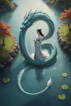 CG animation of a blue giant Chinese dragon swimming on the lake surface, the dragon huge and very long, A Vietnamese woman wearing a traditional white ao dai, A circle of ripples formed on the water surface, Drone perspective, blue-green lake water, Vietnamese Martial Arts World, mythological scenes, Bright colors, Sunlight, Transparent lake water, in the style of esao andrews,dragon,more detail XL