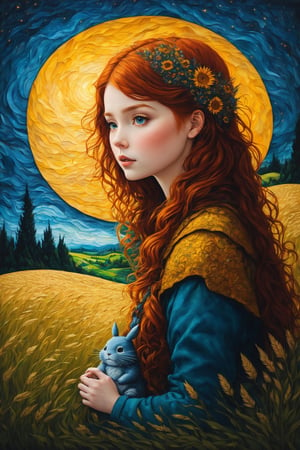 fine art, oil painting, two parts in one art, double exposure, best quality, dark tales, close up cute detailed ginger-haired girl and big fluffy Totoro in the rye field under Van Gogh starry sky, forest, detailed face, Craola, Dan Mumford, Andy Kehoe, 2d, flat, cute, adorable, vintage, art on a cracked paper, patchwork, stained glass, fairytale, storybook detailed illustration, cinematic, ultra highly detailed, tiny details, beautiful details, mystical, luminism, vibrant colors, complex background