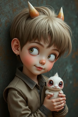 portrait of a boy and his pet monster, whimsical, Naoto Hattori, Anna Silivonchik, chiaroscuro, style of richly detailed fantasy paintings, neutral tones, pastels --v 6.1 --s 500