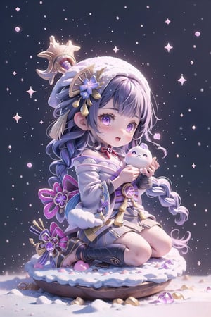 ((raidenshogun character, rainbow, colorful snow background, rainbow, hearts, snow, snowing, ice, pastel, sun, clouds, sparkles, twinkle, crystals, stars)),( fluffy, soft, light, bright, slightly, gold, downcast eyes, cute, pink, purple,  candy, sweets) (masterpiece, best quality:1.2), (on toy figure sit), glass bottle,  jar, gib\(concept\),bottle,kawaiitech,raidenshogundef