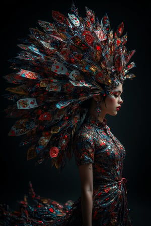 A stunning, surreal image of a dancer wearing an intricate, feathered dress made up of playing cards, creating a mesmerizing and visually striking effect. The dancer is posed gracefully against a dark background, with the cards appearing to flow outward in a dramatic, fan-like shape. This image could be generated with the following prompt:
A woman wearing an elaborate, feathered dress made entirely of playing cards, in the style of Dmitry Kustanovich, delicate modeling, photobashing, Felicia Simion, UHD image, Ekaterina Panikanova, glittery and shiny, HDR, dynamic pose, 32K, sharp focus, illustration. By Sasan