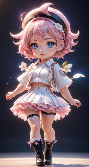 1girl, solo, breasts, looking at viewer, blush, short hair, bangs, blue eyes, skirt, shirt, hair ornament, thighhighs, navel, jewelry, closed mouth, underwear, standing, panties, white shirt, pink hair, flower, short sleeves, cowboy shot, pleated skirt, hairband, earrings, small breasts, midriff, hair flower, miniskirt, black skirt, stomach, white thighhighs, lips, crop top, highleg, cropped jacket, contrapposto, highleg panties
, anime style, depth of field, lighting cinematic lighting, divine rays, ray tracing, reflected light, glow light, side view, close up, masterpiece, best quality, high resolution, super detailed, high resolution surgery precise resolution, UHD, skin texture,full_body,chibi