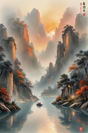 ink scenery, no humans, lake, trees, sunset, muted colors, boat on the water, reflection. river valley in the middle of the forest, negative space, chinese ink drawing