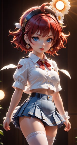 1girl, solo, breasts, looking at viewer, blush, short hair, bangs, blue eyes, skirt, shirt, hair ornament, thighhighs, navel, jewelry, closed mouth, underwear, standing, panties, white shirt, red hair, flower, short sleeves, cowboy shot, pleated skirt, hairband, earrings, big breasts, midriff, hair flower, miniskirt, black skirt, stomach, white thighhighs, lips, crop top, highleg, cropped jacket, contrapposto, highleg panties
, anime style, depth of field, lighting cinematic lighting, divine rays, ray tracing, reflected light, glow light, side view, close up, masterpiece, best quality, high resolution, super detailed, high resolution surgery precise resolution, UHD, skin texture,full_body,chibi