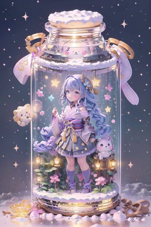 ((raidenshogun character, rainbow, colorful snow background, rainbow, hearts, snow, snowing, ice, pastel, sun, clouds, sparkles, twinkle, crystals, stars)),( fluffy, soft, light, bright, slightly, gold, downcast eyes, cute, pink, purple,  candy, sweets) (masterpiece, best quality:1.2), (on toy figure stand), glass bottle,  jar, gib\(concept\),bottle,kawaiitech,raidenshogundef