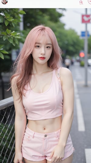 (((Long hair,pink hair,curly hair))) Large thighs, large breasts, cleavage, round breasts ,ripped abs, navel piercing,bangs,nose piercing,nose ring (((Pink tank top,pink bra,pink,pink short shorts))) Upper body, portrait ,Hands in pockets or arms behind back ,Bracelet ,(breasts2.3) Depth of field, hight quality, 8k Street,building,peoples,