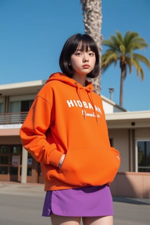 Fujifilm XT3,1 girl ,her pose exudes a sense of and joy,close up photo, wear (((color orange oversized_hoodie))), wear ((purple tennis skirt)),hands in hoodie pocket,looking front,Best Quality,Masterpiece,Ultra High Resolution,(Realisticity:1.4),Original Photo,light leak,ultra high resolution,UHD,beautiful, (bokeh:1) black bob hair, almond eye, no makeup, in front of (80's mondrian architecture motel), (realistic:1.2), (surreal:1.3), (very detailed:1.1), ((masterpiece)),summer, blue sky, palm trees,sunny, los angles vibes