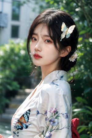 1girl, solo,big breasts, upper body, black hair, hair ornament, closed mouth, flower, japanese clothes, hair flower, kimono, blurry, lips, eyelashes, depth of field, butterfly, blurry foreground, water drop, realistic, nose, red lips,1 girl,Young beauty spirit ,chinatsumura,Soojin ,Gigantic Breast