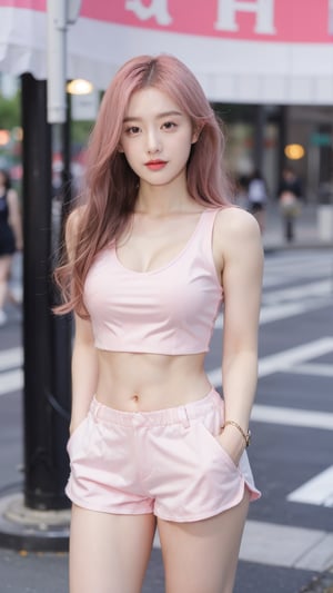 (((Long hair,pink hair,curly hair))) Large thighs, large breasts, cleavage, round breasts ,ripped abs, navel piercing,bangs,nose piercing,nose ring (((Pink tank top,pink bra,pink,pink short shorts))) Upper body, portrait ,Hands in pockets or arms behind back ,Bracelet ,(breasts2.3) Depth of field, hight quality, 8k Street,building,peoples,