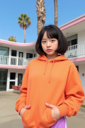 Fujifilm XT3,1 girl ,her pose exudes a sense of and joy,close up photo, wear (((color orange oversized_hoodie))), wear ((purple tennis skirt)),hands in hoodie pocket,looking front,Best Quality,Masterpiece,Ultra High Resolution,(Realisticity:1.4),Original Photo,light leak,ultra high resolution,UHD,beautiful, (bokeh:1) black bob hair, almond eye, no makeup, in front of (80's mondrian architecture motel), (realistic:1.2), (surreal:1.3), (very detailed:1.1), ((masterpiece)),summer, blue sky, palm trees,sunny, los angles vibes