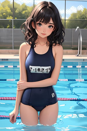 NSFW,super fine illustration, masterpiece,high quality,best quality,8k,highly detailed background,perfectly proportioned body, (1girl), standing, (outdoor, school swimming pool, poolside), ,sunlight, long shot BREAK (a girl wearing  (S41 school swimsuit:1.2), flattered expression, gratified, pleased, complimented, bangs, black eyes, (big eyes), ((whole body)), black hair, medium hair, (wavy hair:1.1)), medium breasts