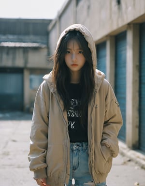 xxmixgirl, 16 year-old girl,  deep photo, depth of field, Superia 400, shadows, messy hair, full body, tan lines，  cotton padded jacket，hoodie