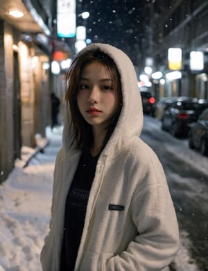 xxmixgirl, 16 year-old girl,  no deep photo, no depth of field, Superia 400, shadows, messy hair, full body, tan lines，  cotton padded jacket，white hoodie，dark, dark photo, nighttime, seductive smirk,dark street view, snowing sky，look aside，lookup，shot(from_side:1.8)，snow on hair, snow in the sky,  grainy, seductive smirk, cutegirlmix, sexy face,  full body shot, background in the city，hoodie on the head