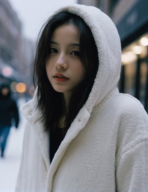 xxmixgirl, 16 year-old girl,  deep photo, depth of field, Superia 400, shadows, messy hair, full body, tan lines，  cotton padded jacket，hoodie，dark, dark photo, nighttime, seductive smirk, street view, snowing sky，look aside，shot (from_side:1.8)，snow on hair, snow in the sky,  grainy, seductive smirk